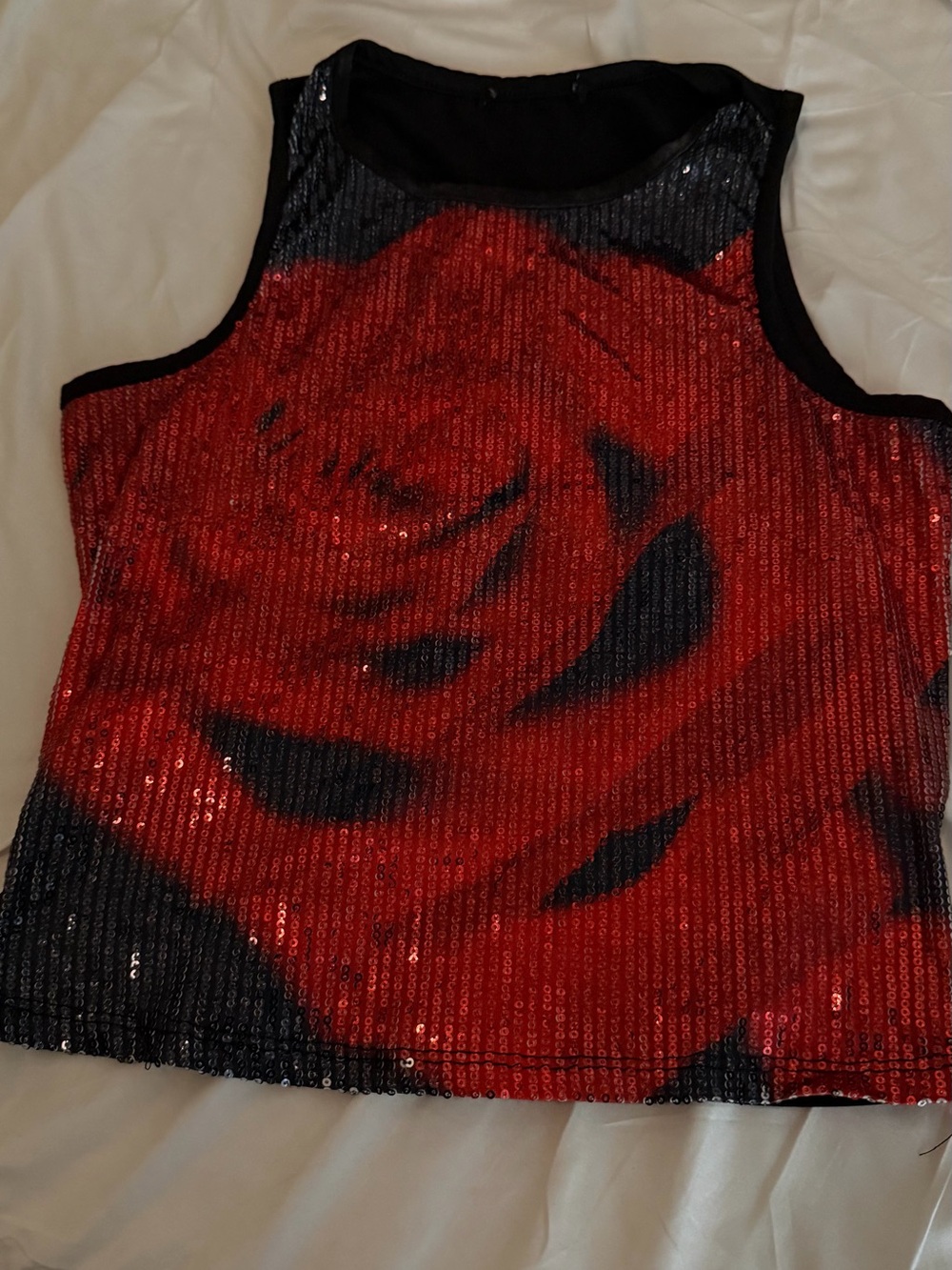 Vintage Red Sequin Rose Tank Top with Black Accents